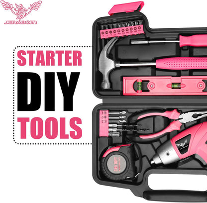 JENABOM Pink 3.6V USB Cordless Electric Screwdriver & Household Tool Kit | Power Screwdriver and Hand Tools in a Compact Box Case for Small Repair and Maintenance- Ideal Housewarming Gift, 112Pcs