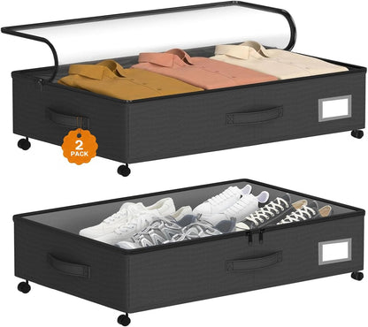 Under Bed Storage with Wheels, 10 inches Under Bed Storage Containers, 65L XXL Large Adjustable Underbed with Lids, Rolling Underbed Storage bins for Shoes, Clothes, Blankets, White