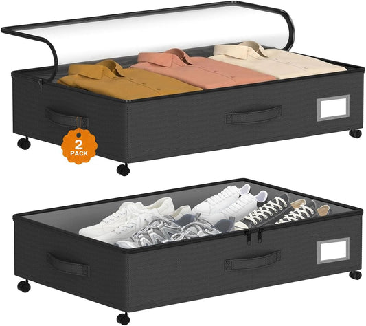 Under Bed Storage with Wheels, 10 inches Under Bed Storage Containers, 65L XXL Large Adjustable Underbed with Lids, Rolling Underbed Storage bins for Shoes, Clothes, Blankets, White
