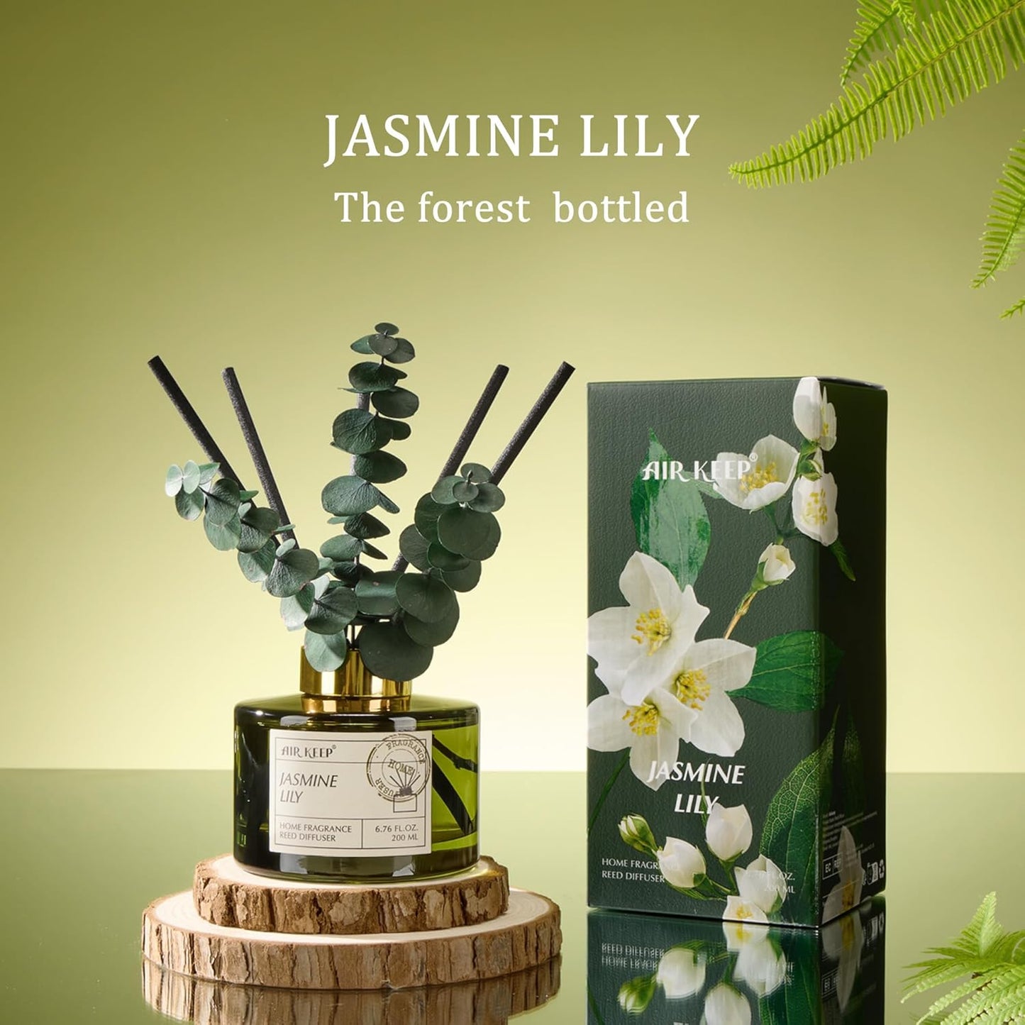 Airkeep Reed Diffuser Set with 6.76 fl oz Forest Mist Scent Essential Oils and 3 Leaves & 8 Diffuser Sticks,Bathroom Shelf Decor & Air Freshener, House Bedroom Office Decor & Gifts
