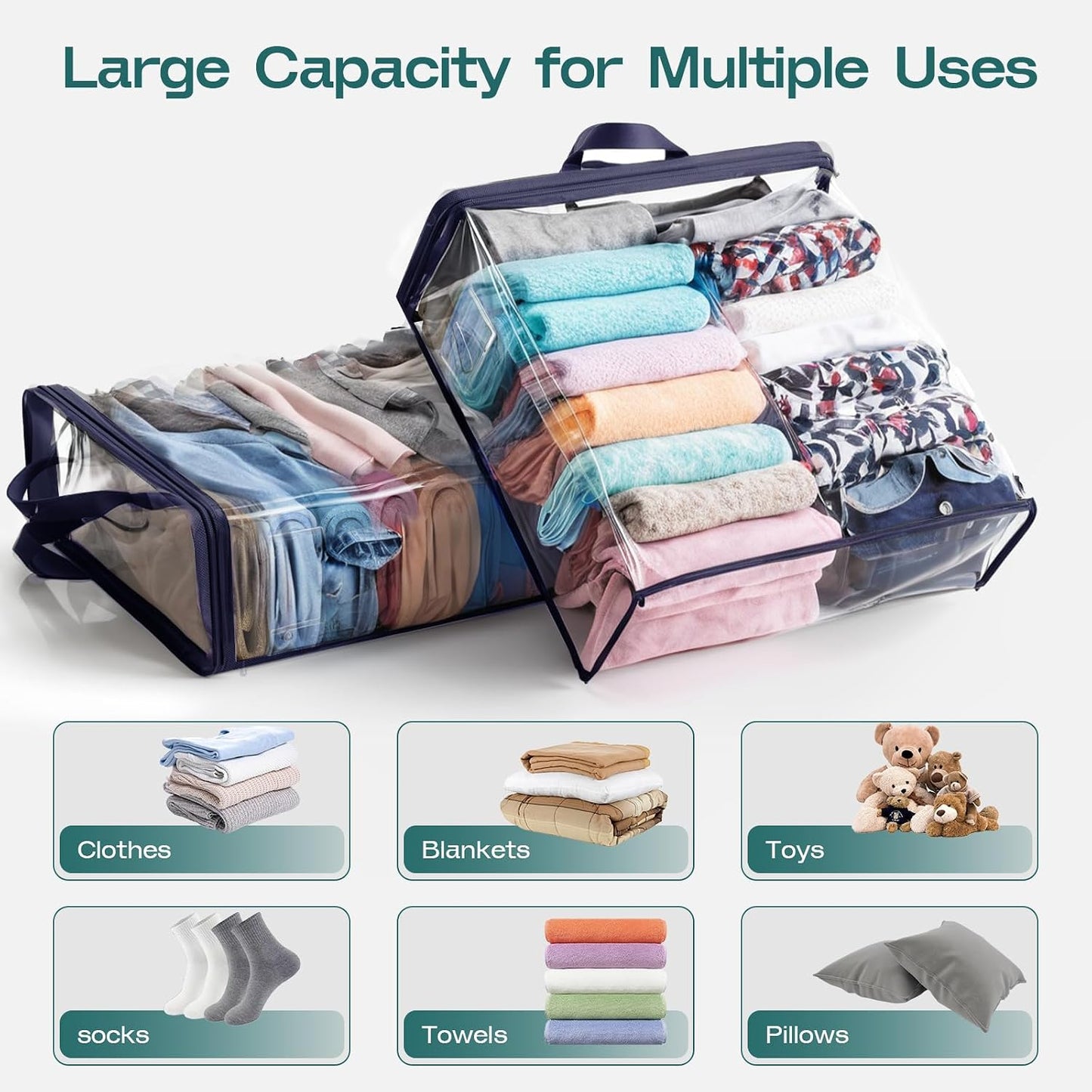 5PACK Clear Zippered Storage Bag for Clothes, 22L Clear Storage Bags, and Blanket Storage Bags for Bedding, Blankets, Comforters, Clothing, Books, DVD & CD (White)