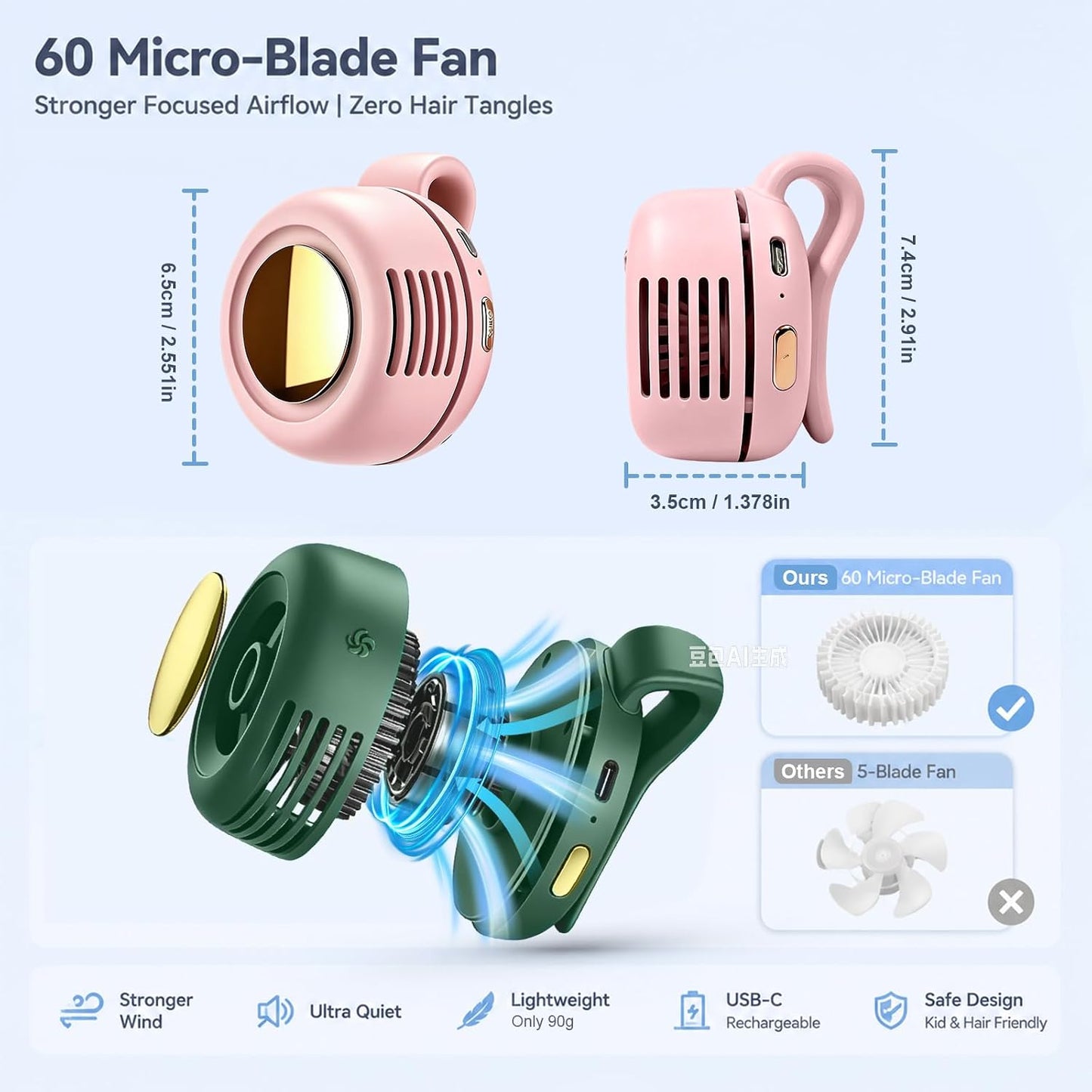 Portable Clip-On Fan, Mini Bladeless Waist Fan, 5100RPM 25dB Ultra-Quiet 3-Speed Rechargeable Small Whirlwind Fan, Hands-Free Personal Cooling for Outdoor Travel Office Camping with USB-C