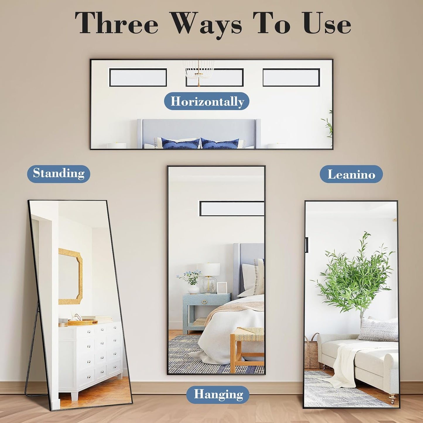 59"x16" Arched Full Length Mirror, Full Body Mirror with Leaning or Standing, Floor Standing Aluminum Frame for Bedroom, Livingroom, Cloakroom, Black