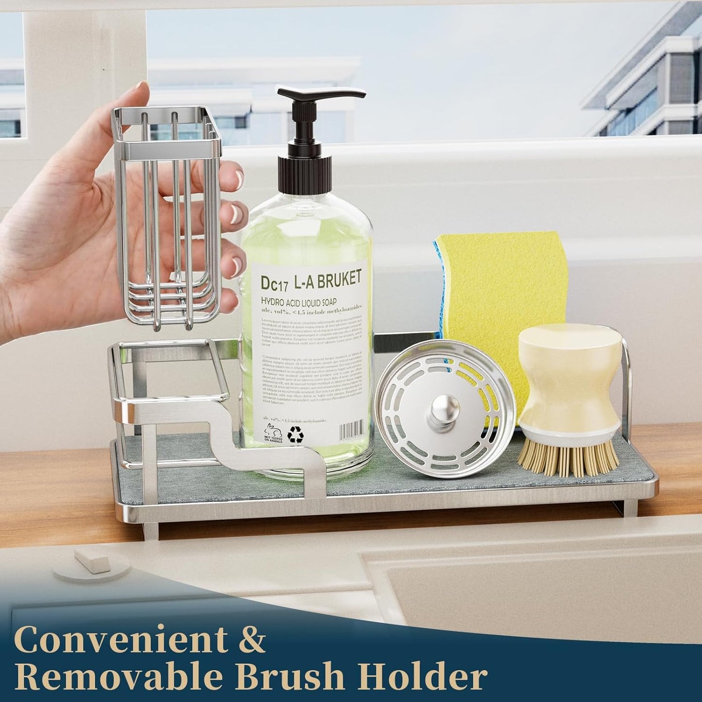Consumest Sponge Holder for Kitchen Sink - Sink Caddy Organizer with Water Absorbing Stone Tray, Detachable Brush Holder, Stainless Steel Kitchen Counter Organizer Rack, Black