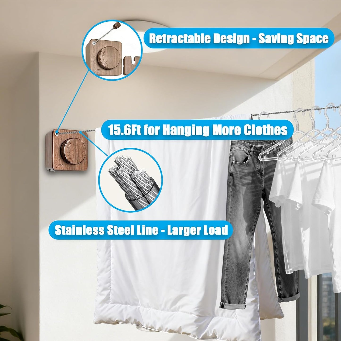 Retractable Clothesline Indoor & Outdoor, 16.2Ft Non-Sagging Stainless Steel Laundry Line with Wall Mounted Heavy Duty Design, Space-Saving Drying Rack for Bathroom, Balcony(1, White)