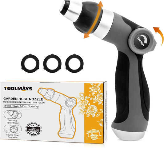 Garden Hose Nozzle - Heavy Duty Water Hose Sprayer with 8 Spray Patterns, Dia 90mm Thumb Control On/Off Valve, Durable Zinc Alloy Body for Lawn, Car & Pet Cleaning