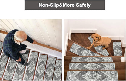 OJIA Non-Slip Carpet Stair Treads for Wooden Steps Set of 15, 30''X8'' Indoor Runner Resistant Rugs Rubber Safety Mats for Dogs, Kids & Elders, Stairway Grip