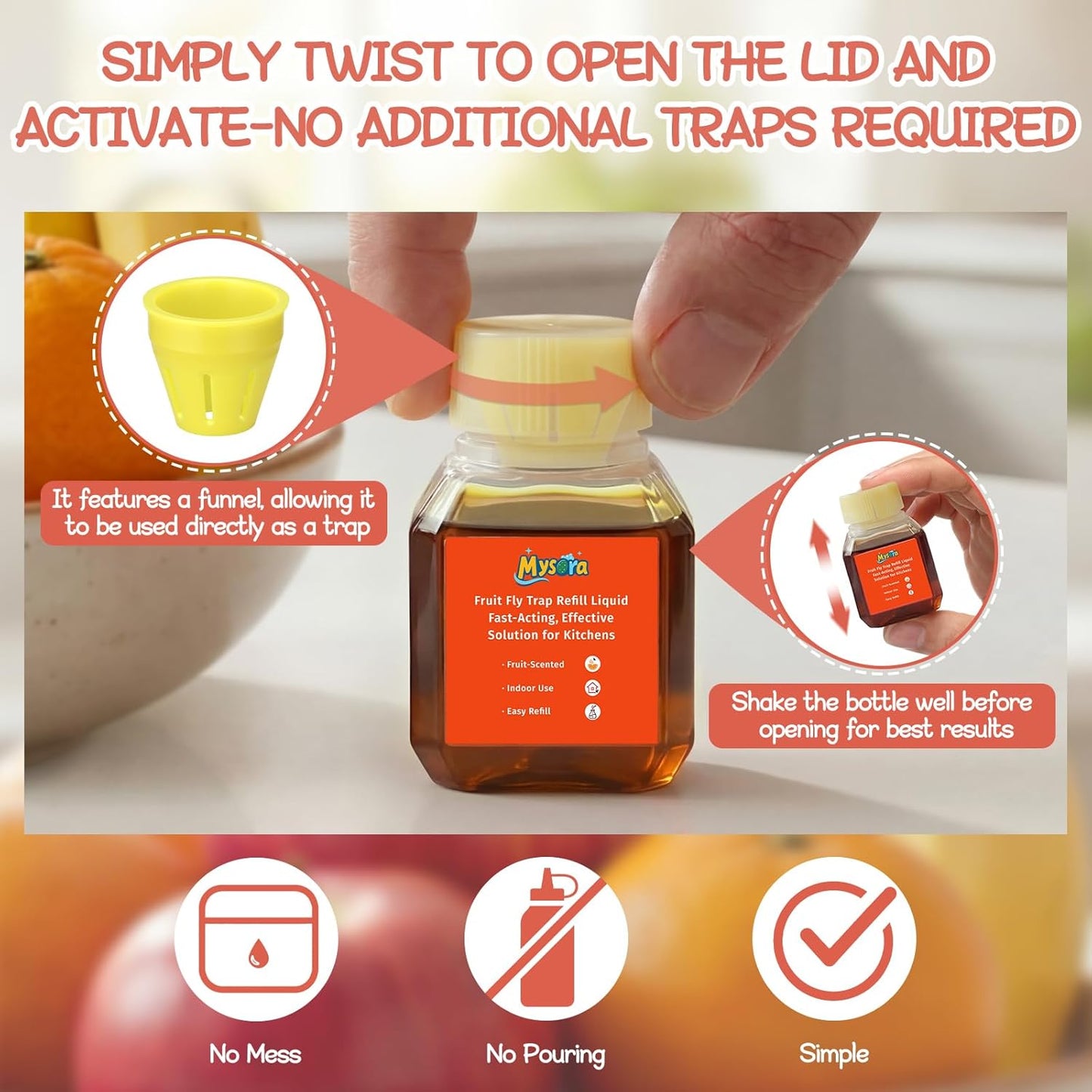4 Pack Fruit Fly Trap Refill Liquid, with Funnel, 0.68 Ounces Per Bottle, Effective Fruit Fly Bait Refill, Suitable for Indoor Use, Kitchen Countertops, Home Environments, Non-Toxic