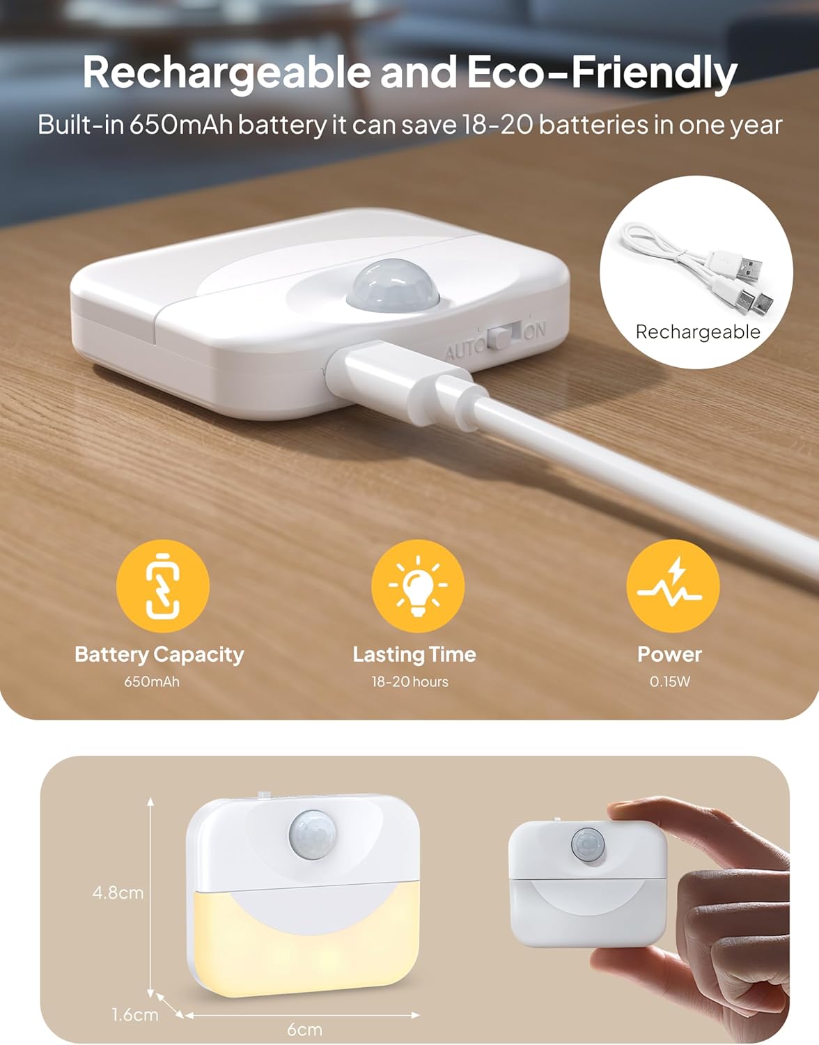 ZAPOGO 2 Pack Rechargeable Motion Sensor Stair Light for Indoor,Warm White LED Night Light,Wireless Stick on Anywhere Hallway Lamp,Motion Activated Lamps for Step, Cabinet, Hallway, Bathroom