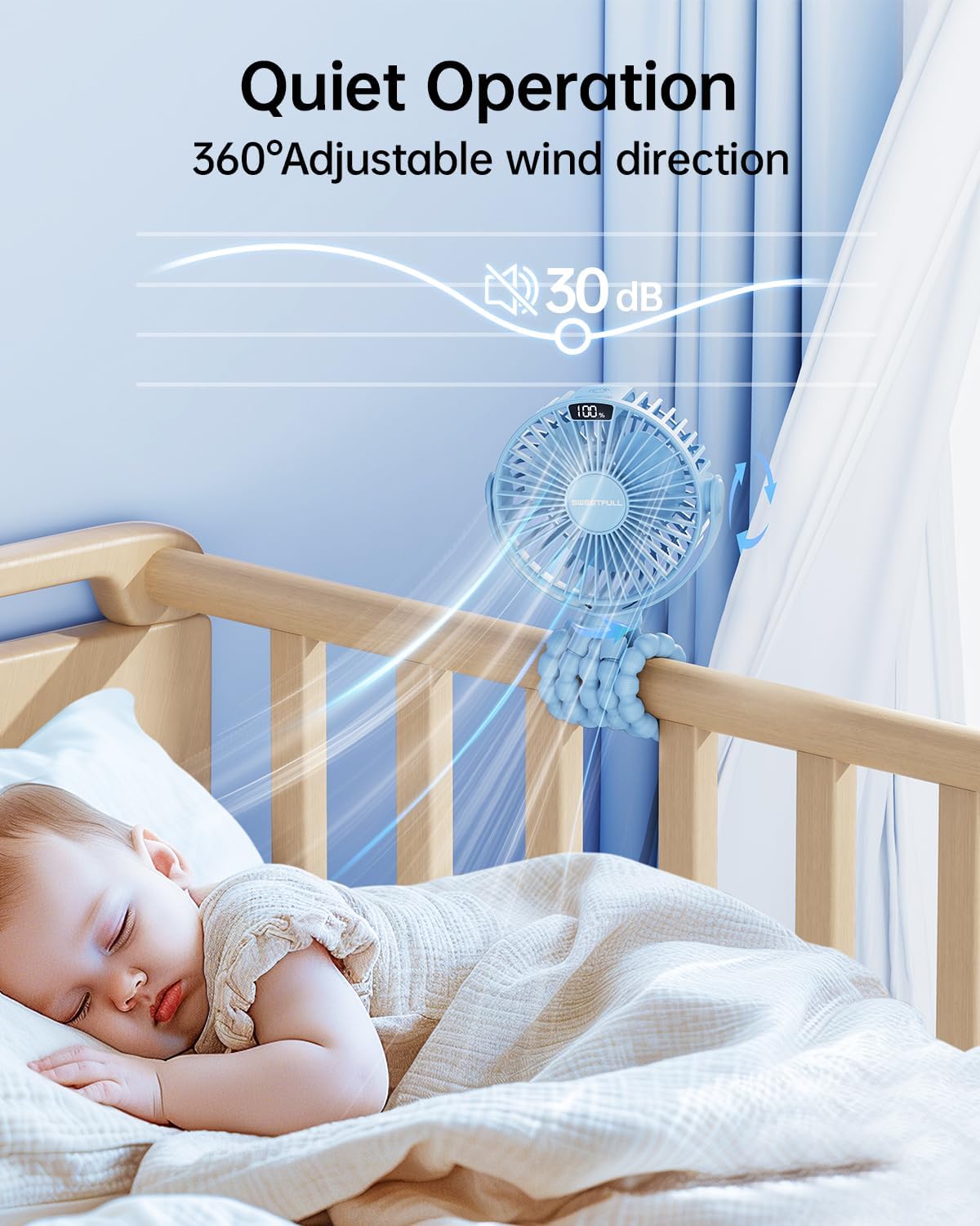 SWEETFULL [2026 Upgrade Portable Stroller Fan with LED Display, 4 Speed Rechargeable Mini Clip On Fan, 360° Rotate Flexible Tripod Better Cooling Small Baby Fan for Car Seat Crib Travel Treadmill