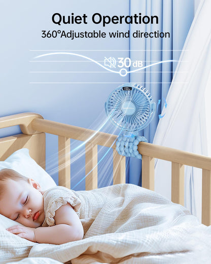 SWEETFULL [2026 Upgrade Portable Stroller Fan with LED Display, 4 Speed Rechargeable Mini Clip On Fan, 360° Rotate Flexible Tripod Better Cooling Small Baby Fan for Car Seat Crib Travel Treadmill