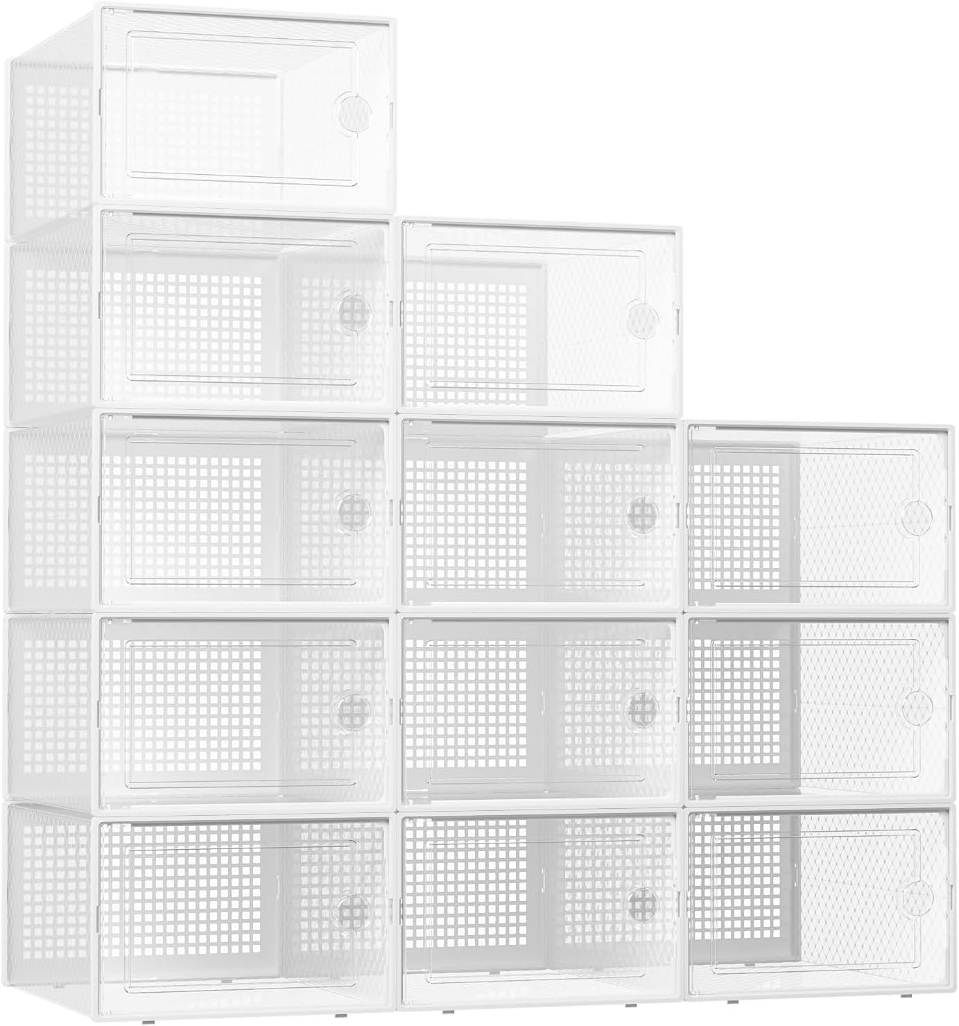 Kuject X-Large Shoe Storage Boxes Organizers for Closet 12 Pack, Fit Size 11,Clear Plastic Stackable Sneaker Containers for Entryway, Space Saving Shoe Rack, Brown