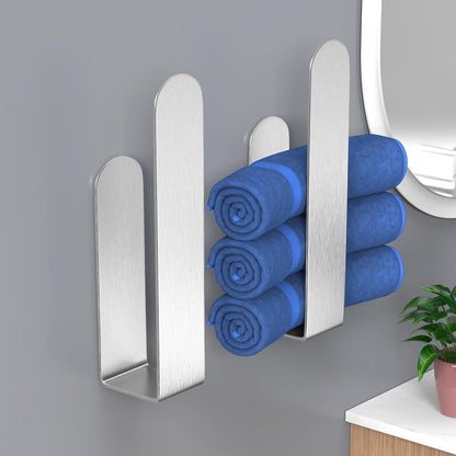 HUFEEOH 2 Pack Adhesive Hand Towel Holder, Kitchen Towel Rack Towel Bars Wall Mounted, Stainless Steel Bath Towel Hanger for Bathroom Hotel Kitchen (White, 8 Inch(2PC))