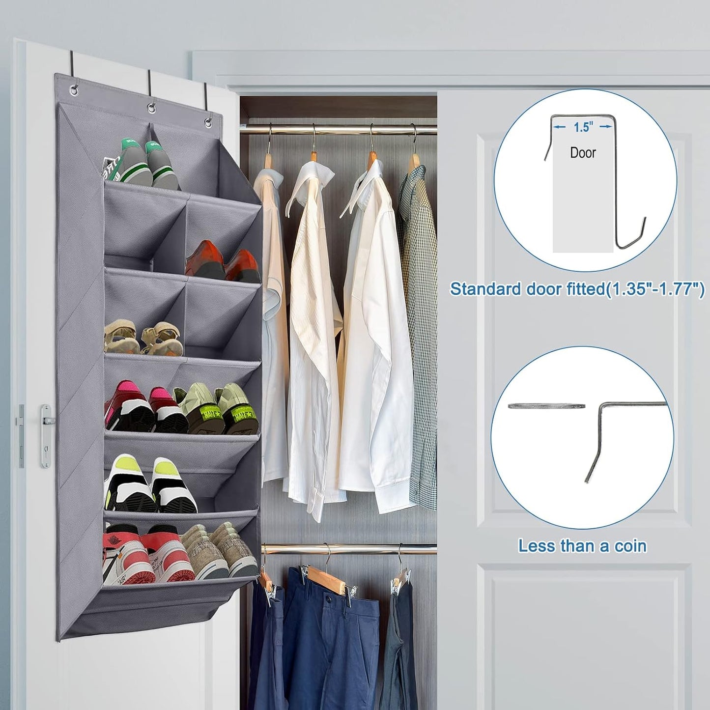 FENTEC 1 Pack Over-the-Door-Shoe-Organizers,Hanging Organizers with Large Pocket Shoe Holder Hanging Shoe Rack for Closet Shoe Organizer for Wall, Over Door Organizer with 15 Pockets Gray