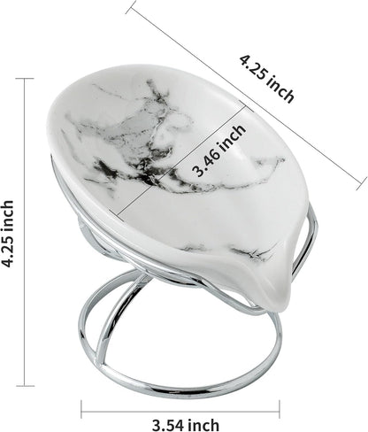 Dobbyby Leaf-Shaped Soap Dish – Premium Ceramic Soap Bar Holder with Self-Drainage System – Bar Soap Holder for Shower, Bathroom Sink, Kitchen – Waterfall Soap Dish with Stainless Steel Stand (SLIVER)