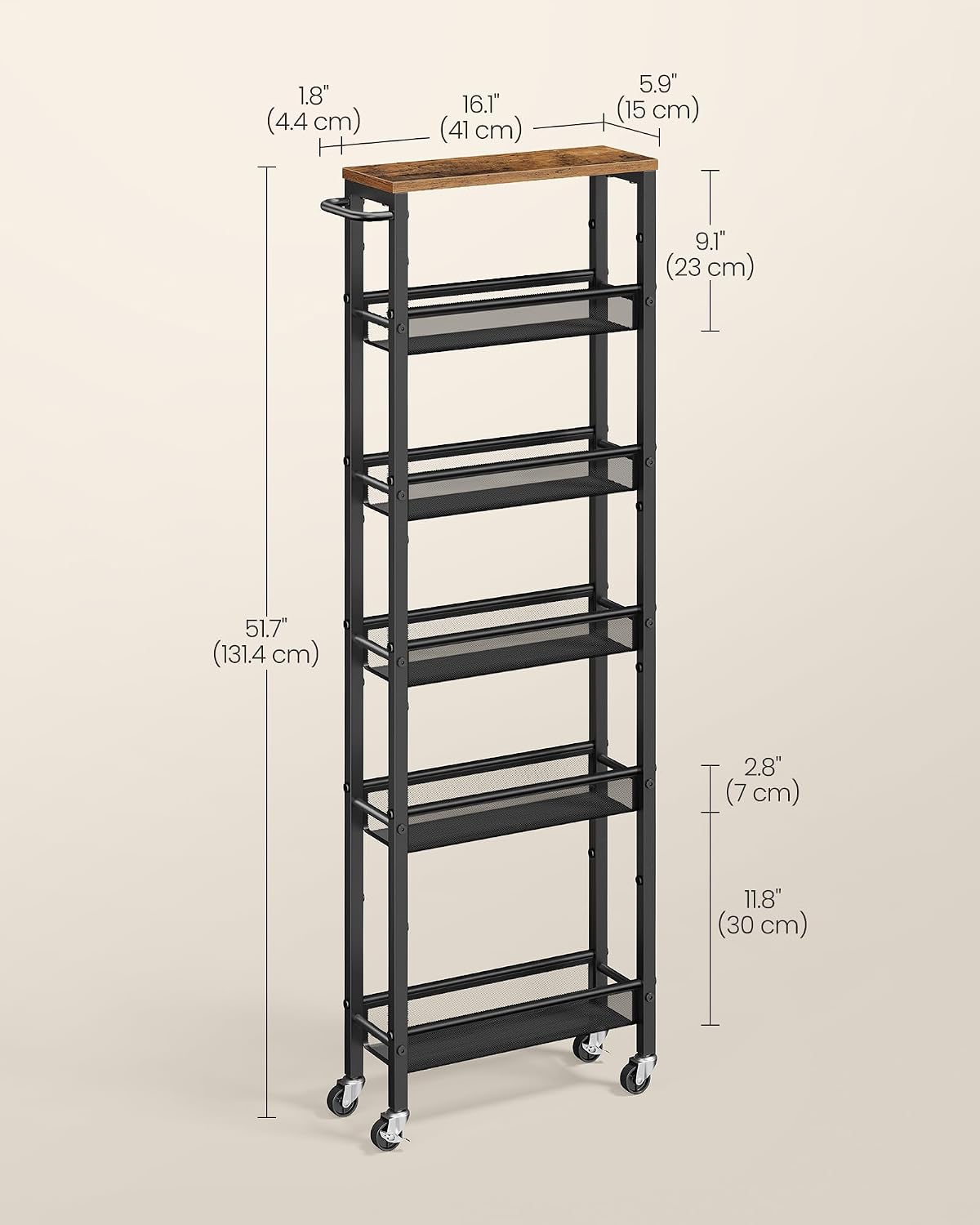 VASAGLE Slim Rolling Cart, 4-Tier Narrow Storage Cart with Handle, 5.1 Inches Deep, Metal Frame, for Kitchen, Dining Room, Living Room, Home Office, Rustic Brown and Classic Black ULRC032B01V1