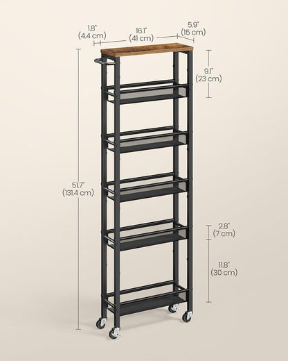 VASAGLE Slim Rolling Cart, 4-Tier Narrow Storage Cart with Handle, 5.1 Inches Deep, Metal Frame, for Kitchen, Dining Room, Living Room, Home Office, Rustic Brown and Classic Black ULRC032B01V1