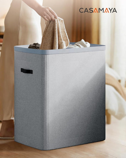 CASAMAYA Laundry Basket with Lid, Laundry Hamper 3 Section, 190L collapsible Laundry Organizer, Easy Assembly, with Handles and Removable Liners, 25.2 x 15.7 x 29.5 Inches, Beige JSP904M