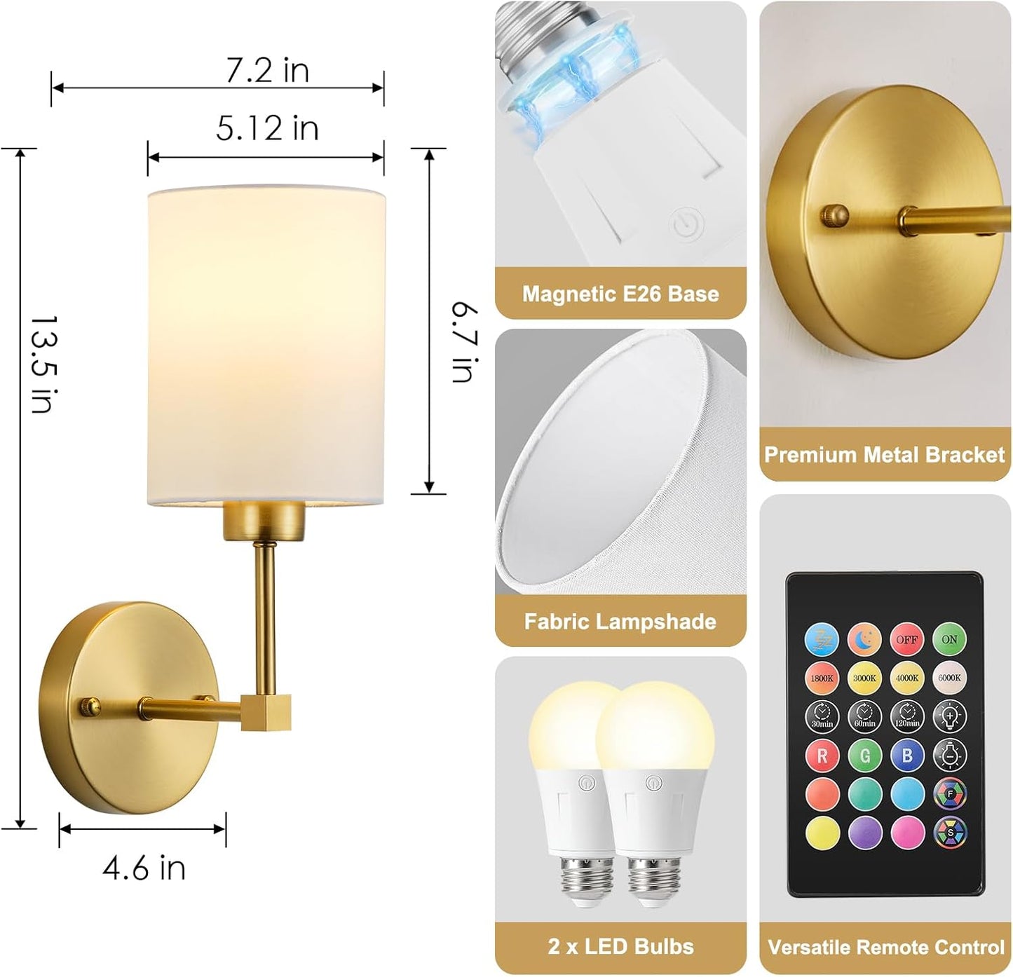 Battery Operated Wall Sconces Set of Two,Wireless Rechargeable Wall Light With Remote Control, Dimmable, Amber Light/Warm White/Natural White/Daylight/RGB, Timer,for Living Room,Bedroom,Entryway,Gold