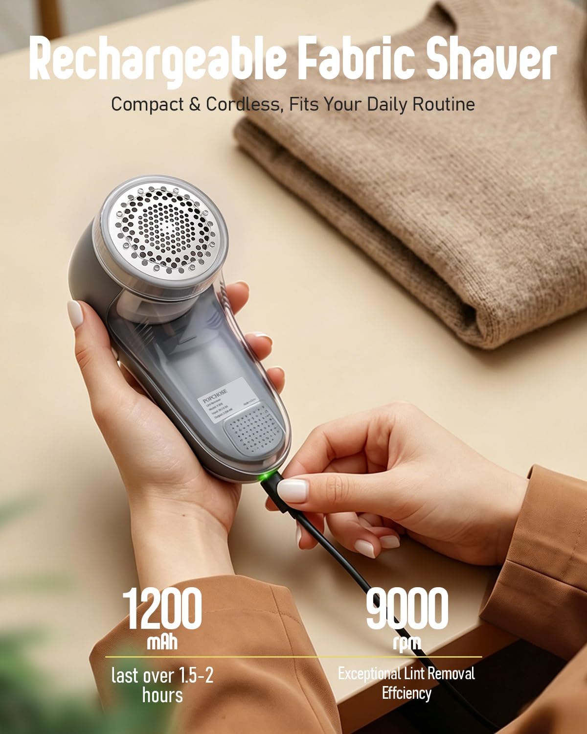 POPCHOSE Fabric Shaver, Lint Shaver for Clothing, Electric Lint Remover with 6-Leaf Blades, Sweater Defuzzer, Clothes Shaver for Couch, Furniture, Blanket, Remove Pilling, USB Rechargeable