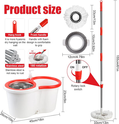 Spin Mop and Bucket with Wringer Set, 360° Spinning Mop Bucket System with 3 Microfiber Mop Replacement Heads and 50" Stainless Steel Adjustable Handle for Floor Cleaning