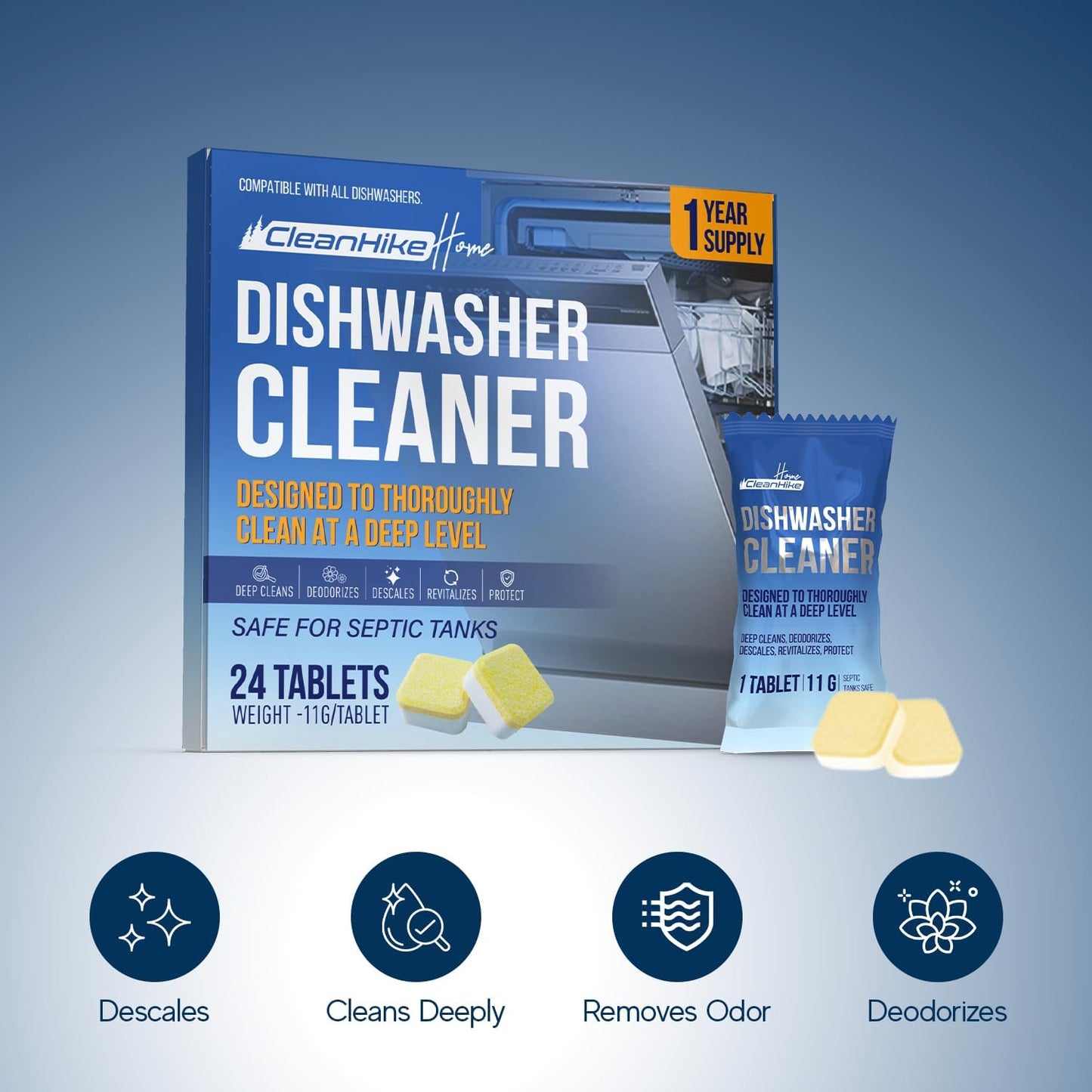 Dishwasher Cleaner Tablets - 24 Pack Dishwasher Cleaner and Deodorizer for Hard Water, Limescale, Calcium Buildup, Grease & Odors - Septic Safe Citric Acid Formula, 1 Year Supply