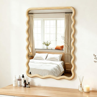 Full Length Mirror, 55"x28" Boho Wavy Wood Floor Mirror, for Bathroom, Bedroom, Living Room, Cloakroom, Entryway