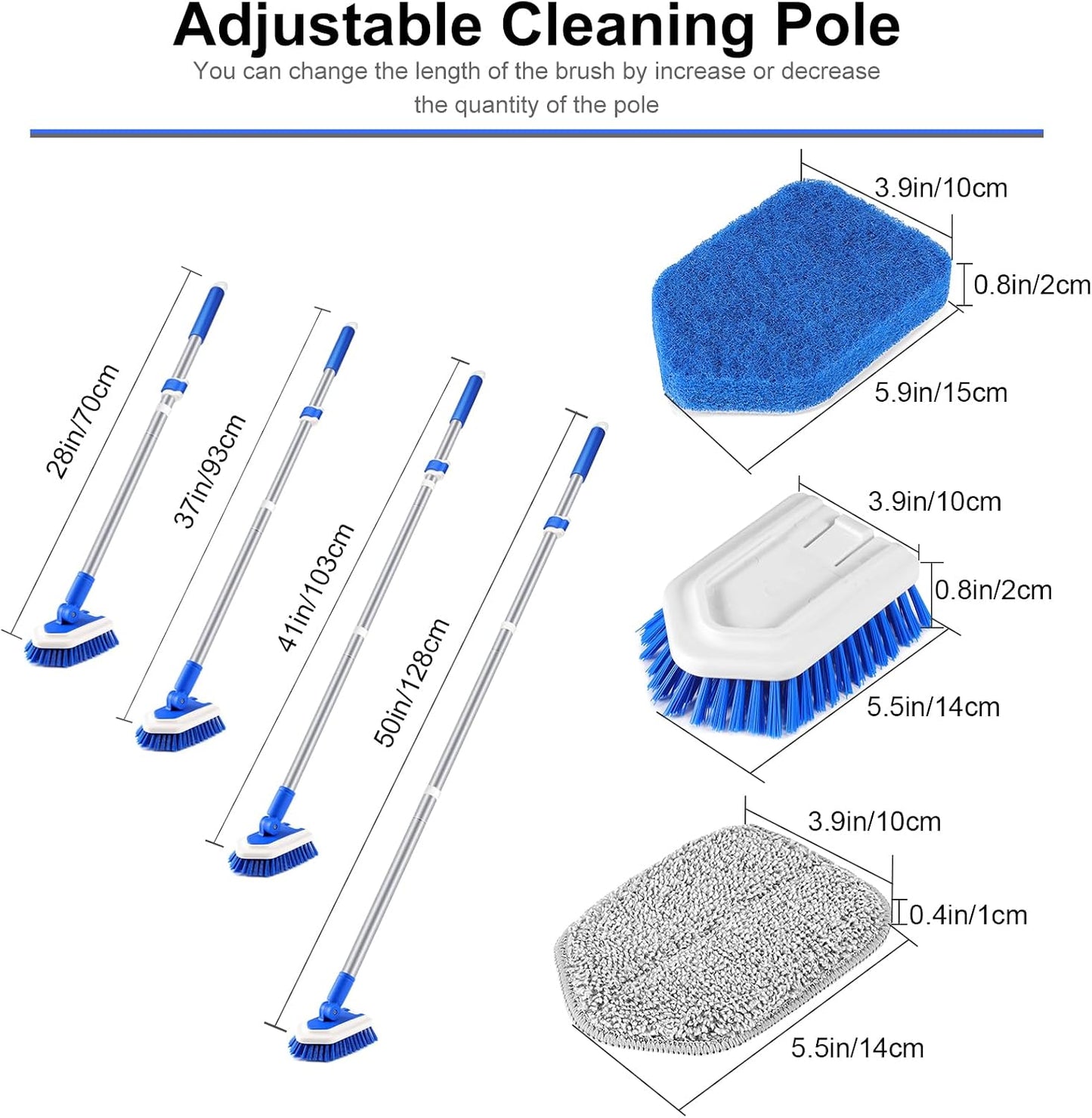 Lalafancy Bathroom Scrubber with Extendable Long Handle 50'' -3-in-1 Tub and Tile Cleaning Brush Interchangeable Head Attachment Shower Scrubber for Cleaning Bathroom Shower Bathtub Floor