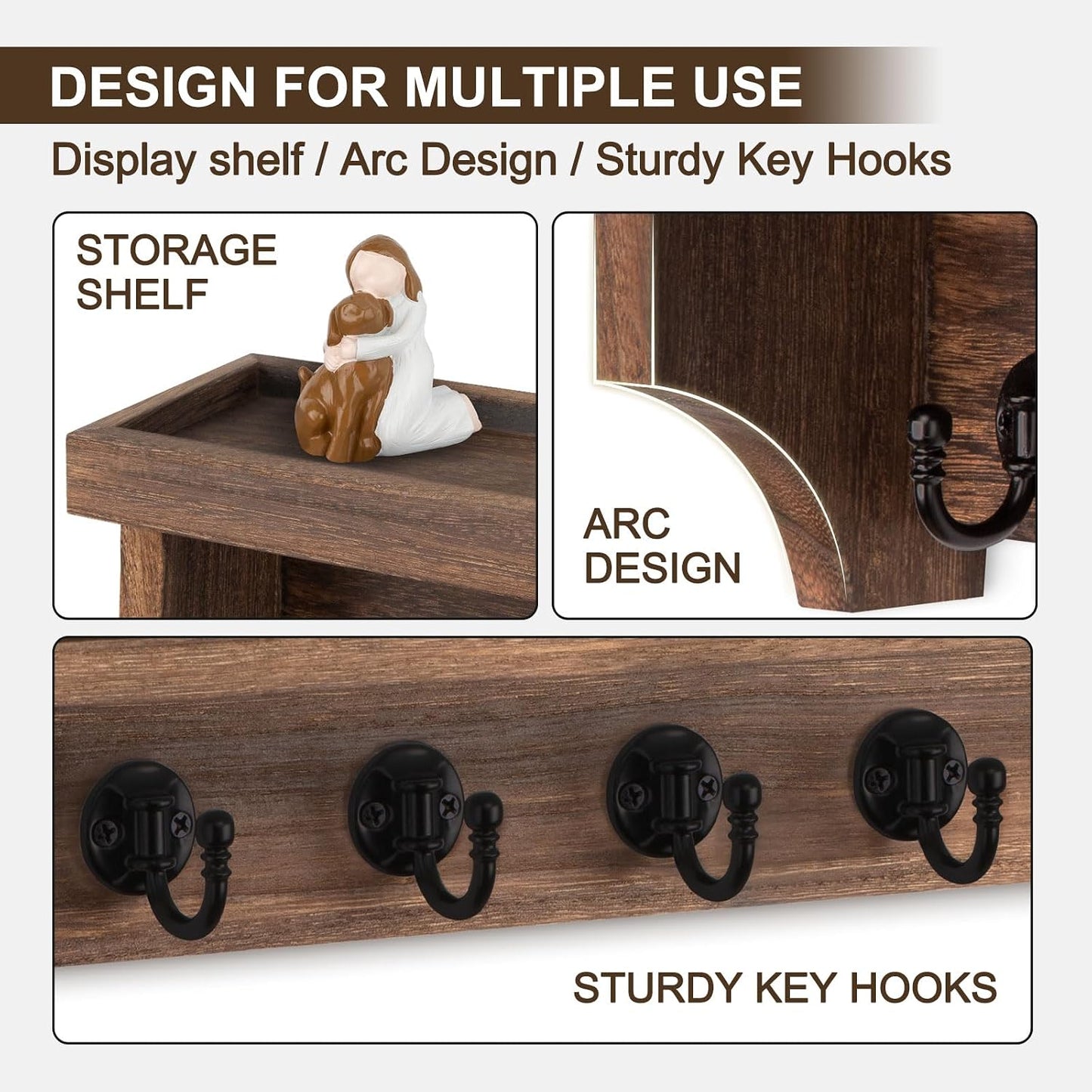 Key and Mail Holder Wall Mount, Key Holder with Shelf and Mail Organizer Wall Mount. Mail Holder with 5 Hooks for Coat, Dog Leash, Home Decor Rack, Entry Way Organizer (White)