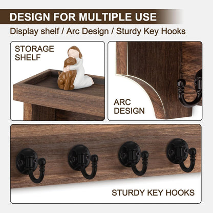 Key and Mail Holder Wall Mount, Key Holder with Shelf and Mail Organizer Wall Mount. Mail Holder with 5 Hooks for Coat, Dog Leash, Home Decor Rack, Entry Way Organizer (White)