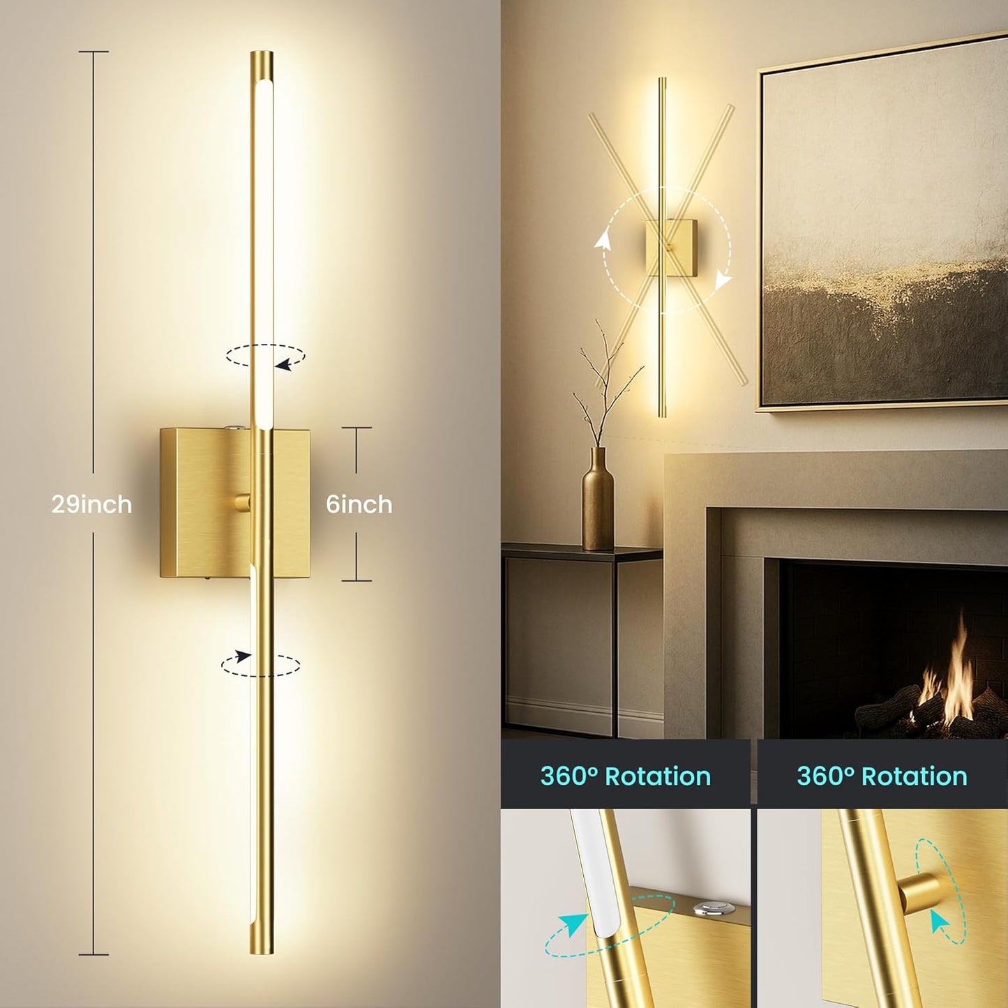 Battery Operated Wall Sconces Set of Two, 10000mAh Rechargeable Wall Lights with Remote Control, 360° Rotate Dimmable Black Gold LED Cordless Lighting for Bedroom, Living Room, Hallway, 29 Inch, 3CCT