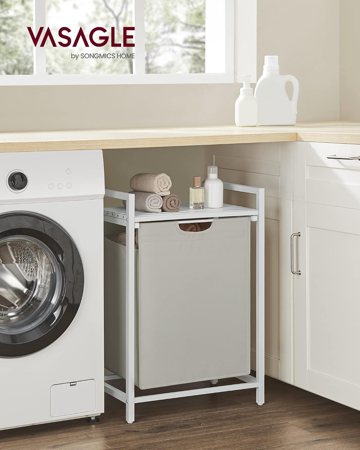 VASAGLE Laundry Hamper, Laundry Basket Sorter with 3 Pull-Out and Removable Bags, Shelf, Metal Frame, 3 x 10.6 Gallons (40 L), 36.4 x 13 x 28.4 Inches, Cappuccino Beige and Natural Beige UBLH301LH01