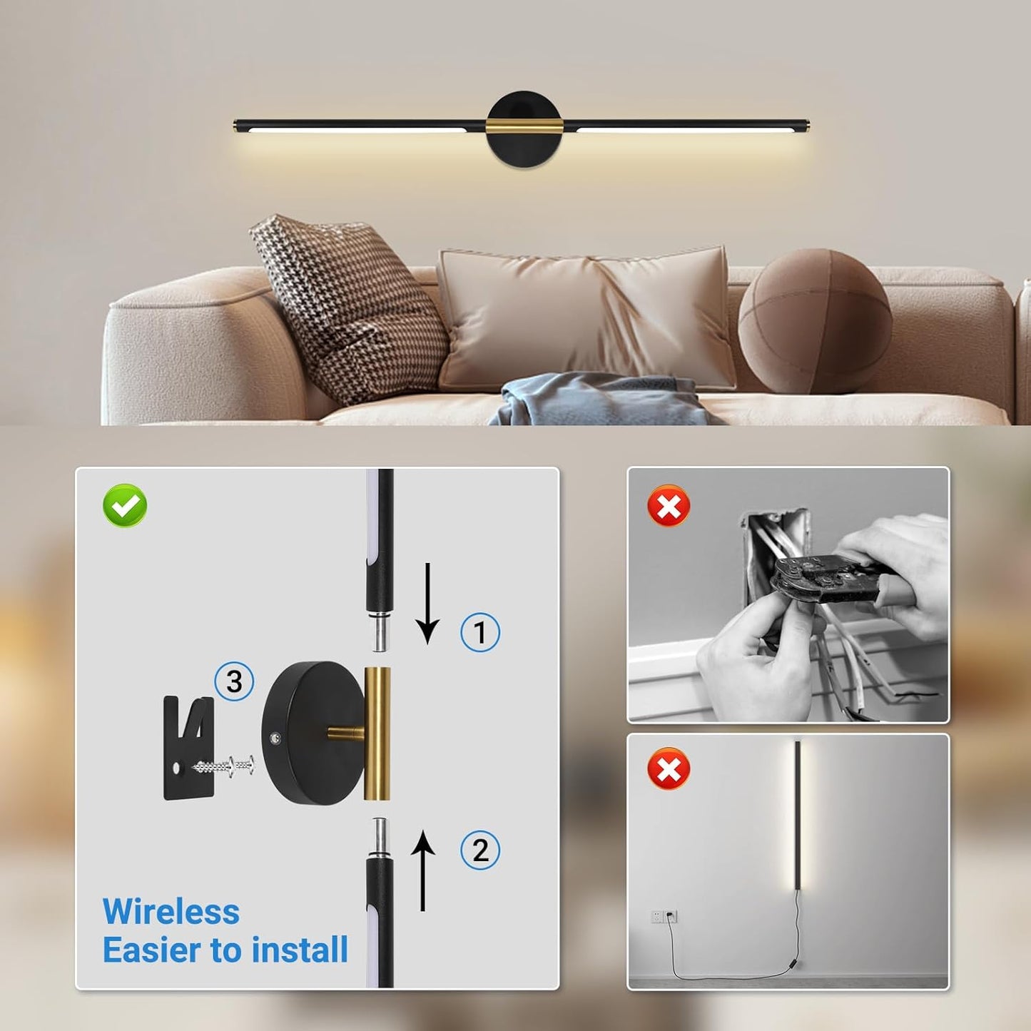 TaoFiaCo Battery Operated Wall Sconces Set of Two,Rechargeable Wall Sconces Set of 2 with Remote Control Dimmable Wall Light Decor for Living Room, Bathroom for, 24 Inch, Gold