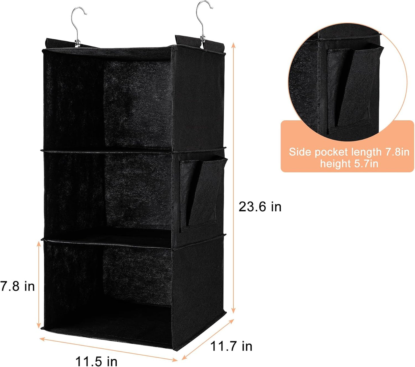 BOOMIBOO Hanging Closet Organizer and Shelves, 4 Shelves with 1 Side Pockets, Foldable, Grey Fabric, Modern Style, for Bedroom and Dorm Room (Grey)
