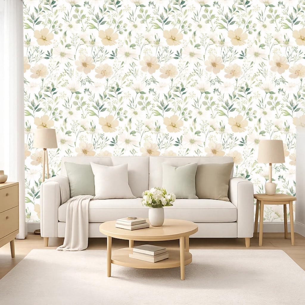 Sage Green Floral Peel and Stick Wallpaper Self Adhesive Removable Modern for Bedroom Accent Wall Renter Friendly Thick Watercolor Natural Flower Wallpaper 17.7" x 118"