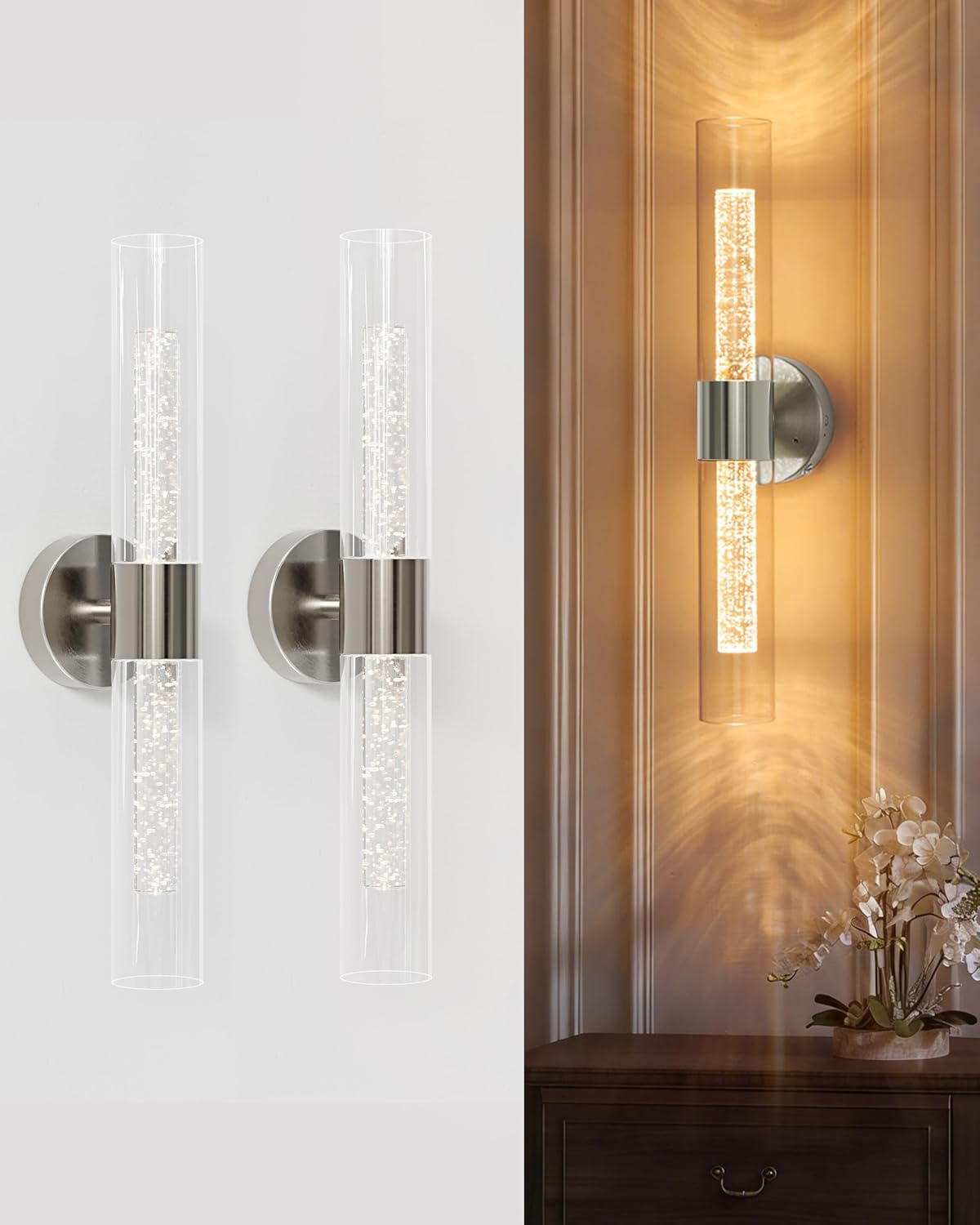10000mAh Battery Operated Wall Sconce Set of 2, Rechargeable Wireless Wall Lights with Remote Control, Dimmable Timer 3 Color Temperature Glass Wall Lamp for Living Room Bedroom Gold 21.5 Inch