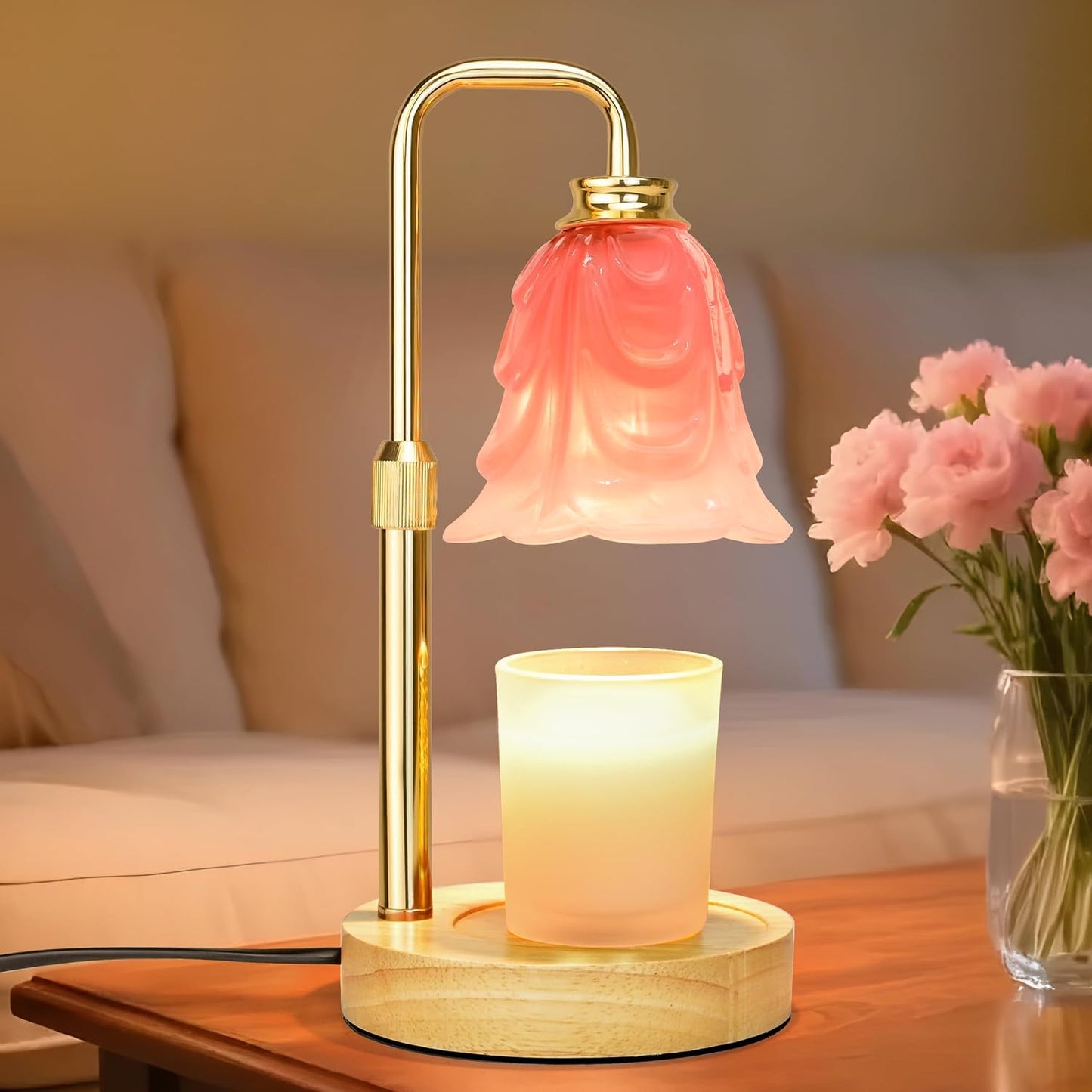 Candle Warmer Lamp with Timer Dimmer, Adjustable Height Pink Tulip Candle Wax Warmer, Christmas Birthday Gift for Mom Women,House Warming Gifts for New Home Bedroom Decor,Flower Pink
