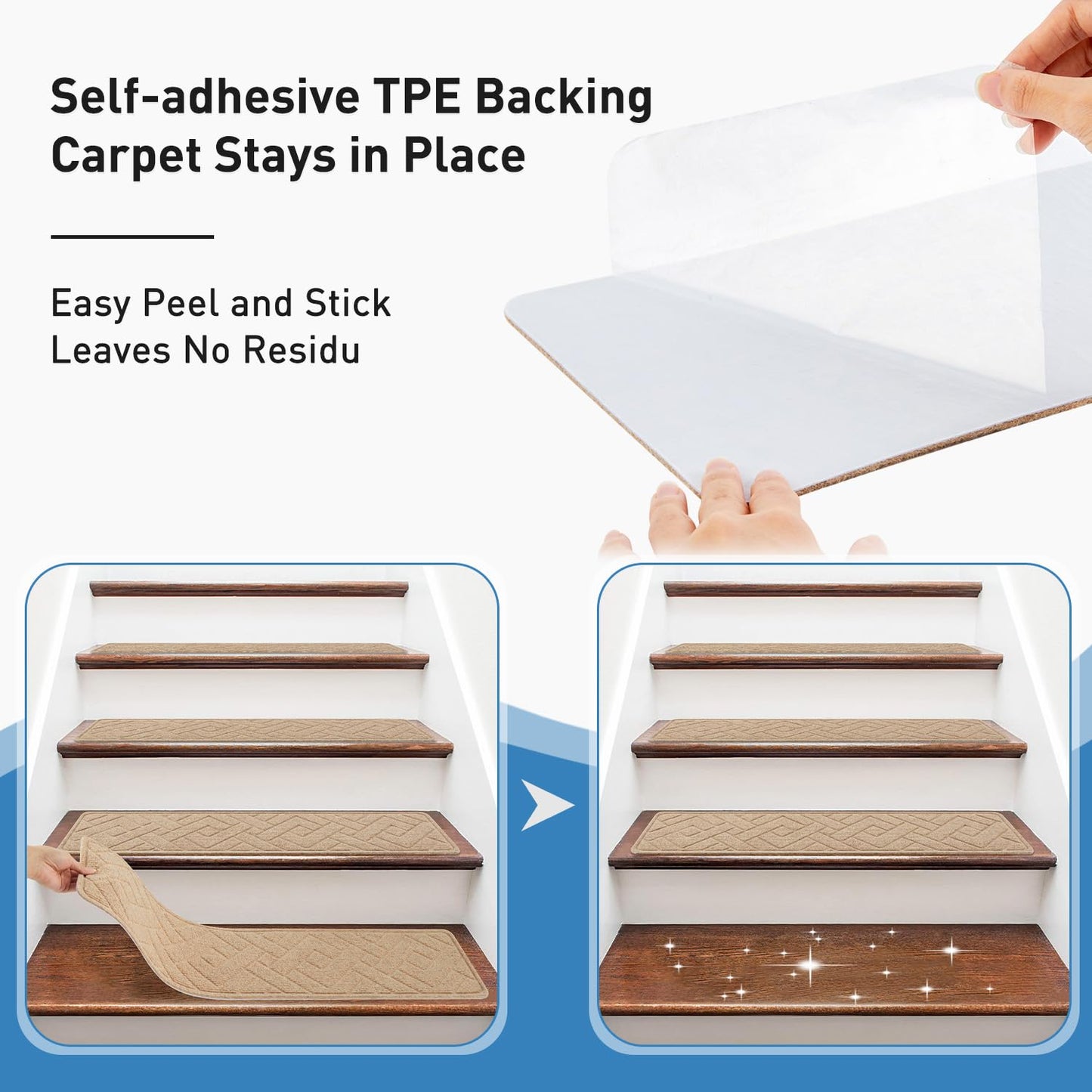 Non Slip Stair Treads for Wooden Steps,15 Pack 8" X 30" Stairs Carpet Treads Indoor with Reusable Peel and Stick Adhesive for Kids Elders and Pets