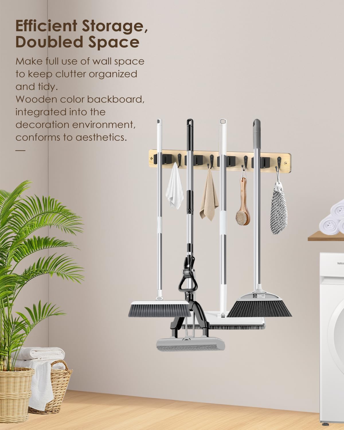 AceMining Broom Holder Wall Mounted, White 4 Holders and 4 Hooks Mop Holder, Wooden Mop and Broom Holder with Anti slip rubber, Natural pine wood Brush Holder, Mop Wall Holde with Nail installation