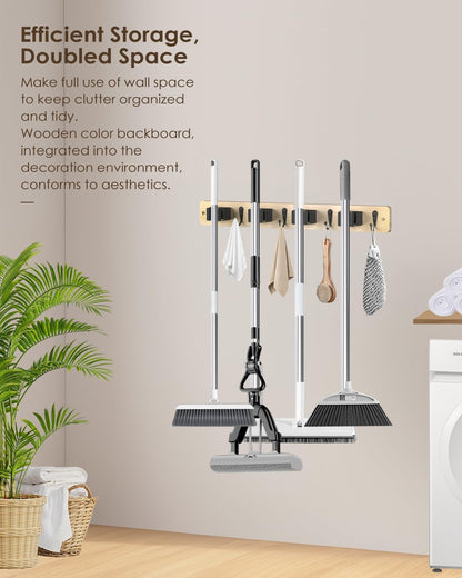 AceMining Broom Holder Wall Mounted, White 4 Holders and 4 Hooks Mop Holder, Wooden Mop and Broom Holder with Anti slip rubber, Natural pine wood Brush Holder, Mop Wall Holde with Nail installation
