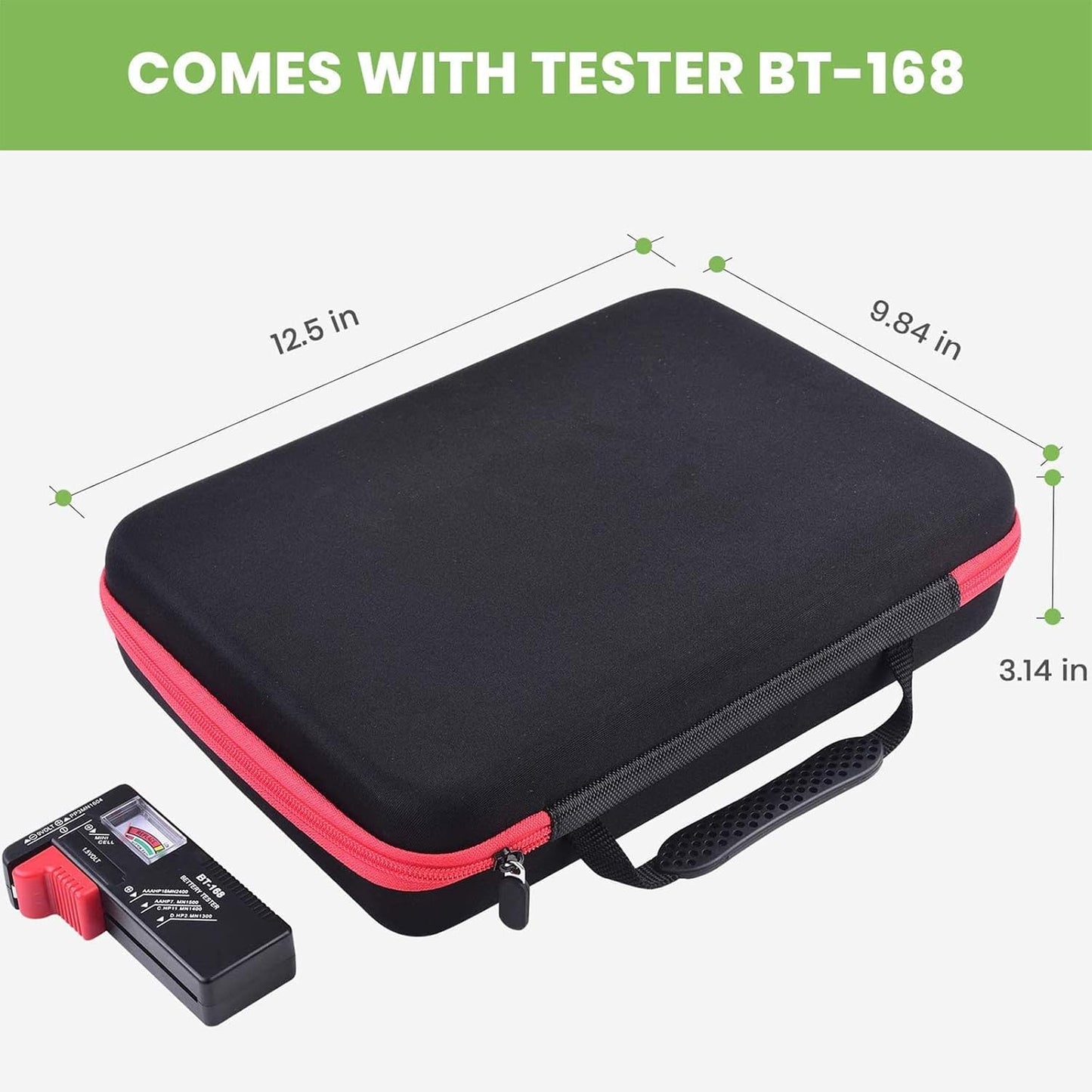 ALKOO 136+ Battery Organizer Storage Case with BT-168 Tester | AA AAA C D 9V & Button Cells Batteries Holder Box, Foam Protection, Home / Garage / Drawer Organization, Case Only, Red
