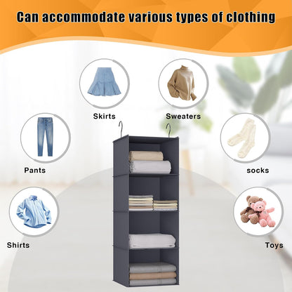 Hanging Closet Organizer 3-Shelf, Oxford Fabric Wardrobe Storage, Gray | Easy-mount foldable design holds clothes, handbags, shoes & accessories; washable Oxford fabric, sturdy and space-saving.