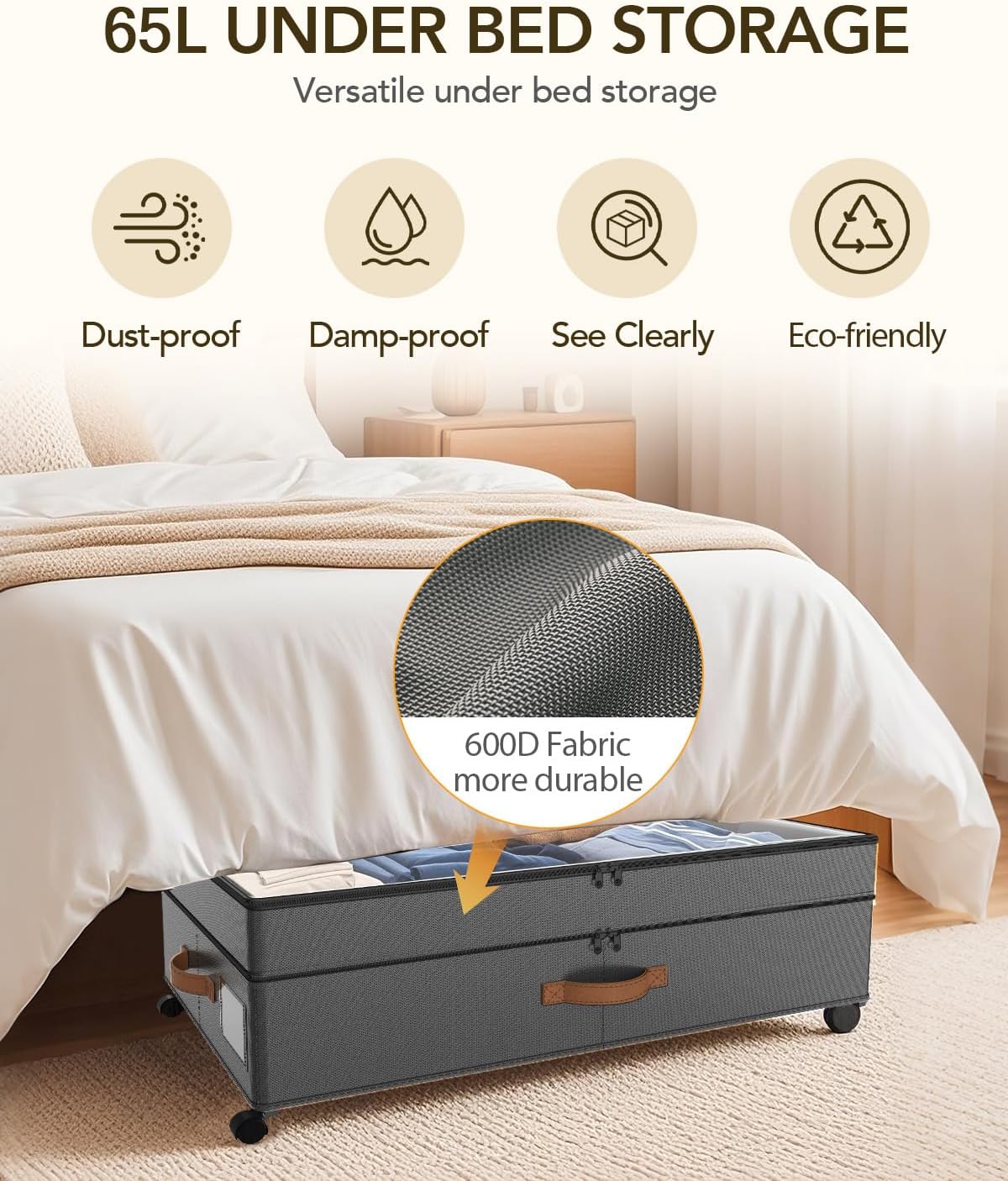 Under Bed Storage with Wheels, 10 inches Under Bed Storage Containers, 65L XXL Large Adjustable Underbed with Lids, Rolling Underbed Storage bins for Shoes, Clothes, Blankets, White