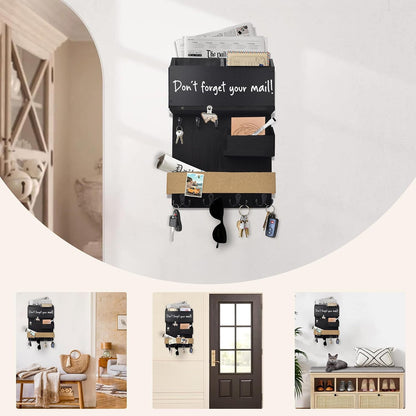Key Holder for Wall Mount with Shelf and Mail Organizer, Key and Mail Holder with 16 Hooks, Farmhouse Entryway Organizer, Home Decor Rack (Pine Wood, Black)