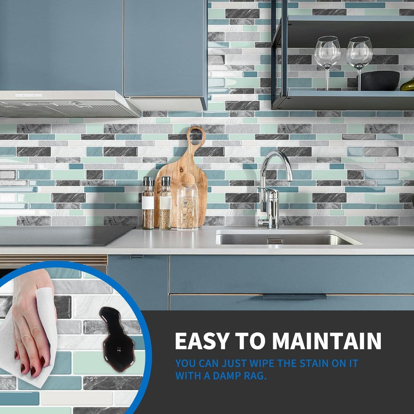 10-Sheet Peel and Stick Kitchen Backsplash Tiles | 3D Waterproof Self Adhesive Wall Tile Stick on Backsplash for Kitchen and Bathroom(Sage Green,12"×12")