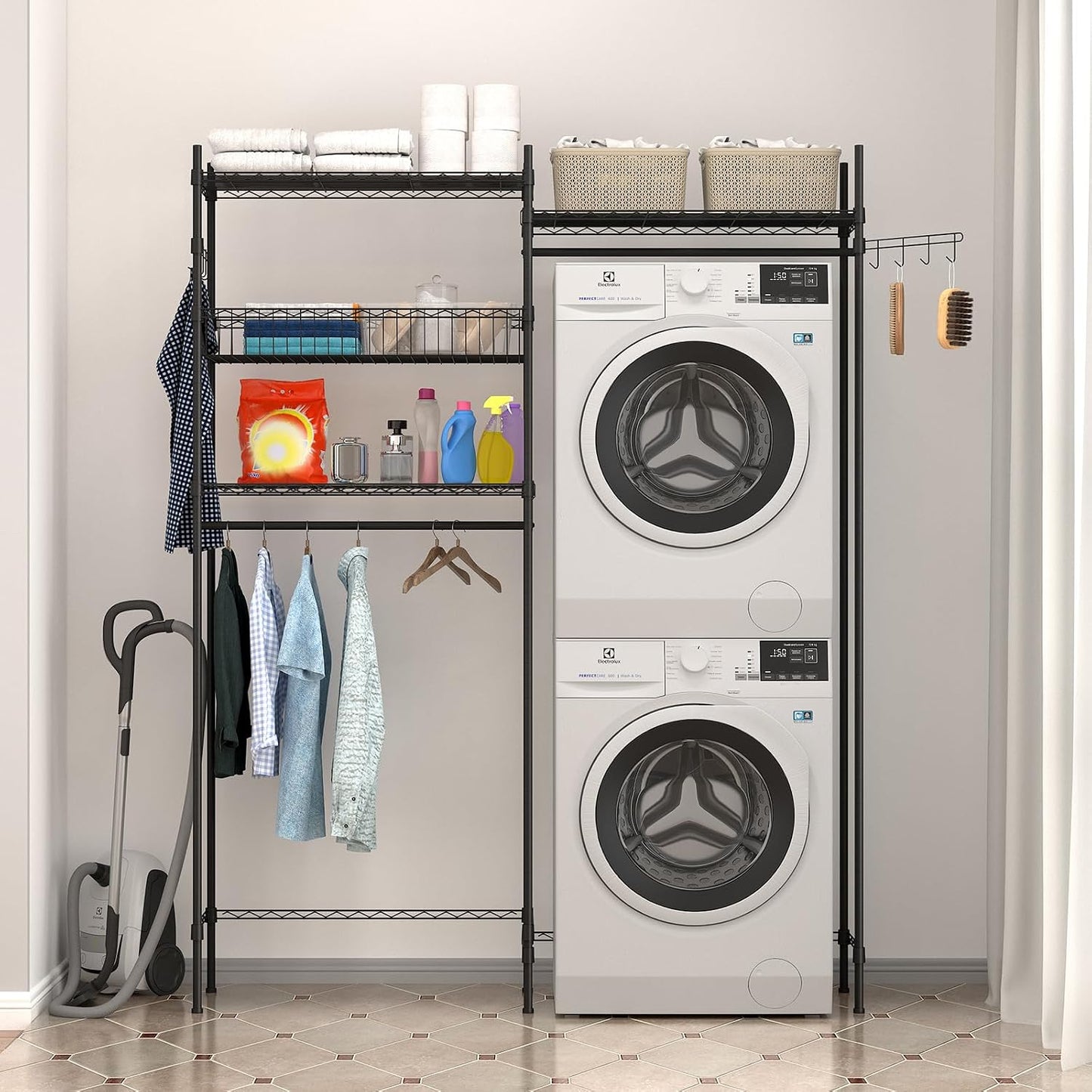 Over Washer and Dryer Storage Shelves, Clothes Drying Rack with Adjustable Shelf, 57.4" W Space Saving Shelving Units with Laundry Hamper and Hooks, Laundry Room Organization and Storage