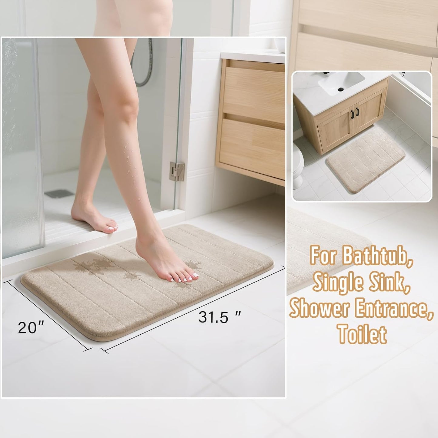 Yimobra Memory Foam Bath Mat, Super Soft Absorbent Bathroom Rug Non Slip, Quick Dry, Machine Washable Floor Carpet for Tub Shower, Home Decor Accessories, 24x17, Grey