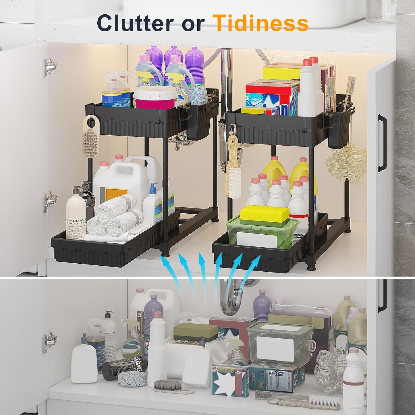 Sevenblue 3 Pack Multi-Purpose Pull-Out Storage Organizers, 2-Tier L-Shaped Under Sink/Cabinet Organizers and Storage for Bathroom & Kitchen, (Black, 12.85 Inches)
