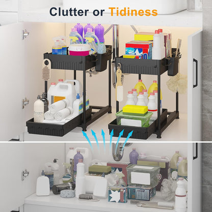 Sevenblue 3 Pack Multi-Purpose Pull-Out Storage Organizers, 2-Tier L-Shaped Under Sink/Cabinet Organizers and Storage for Bathroom & Kitchen, (Black, 12.85 Inches)