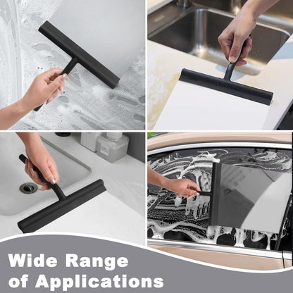 Squeegee for Shower Glass Doors, Resilient Loop - No-Drill & Adhesive Hook, Silicone Shower Squeegee with Stainless Steel Core, Cleaning Tool for Home, Kitchen, Bathroom & Car - Black